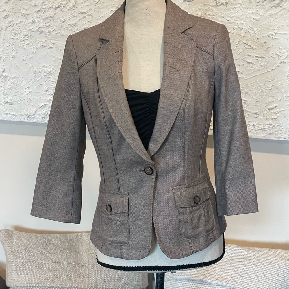 White House Black Market Women Blazer 3/4 Sleeve Single Breasted Brown Sz 2.